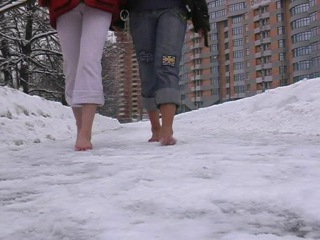 ira and raya barefoot in the snow. part 1/3.